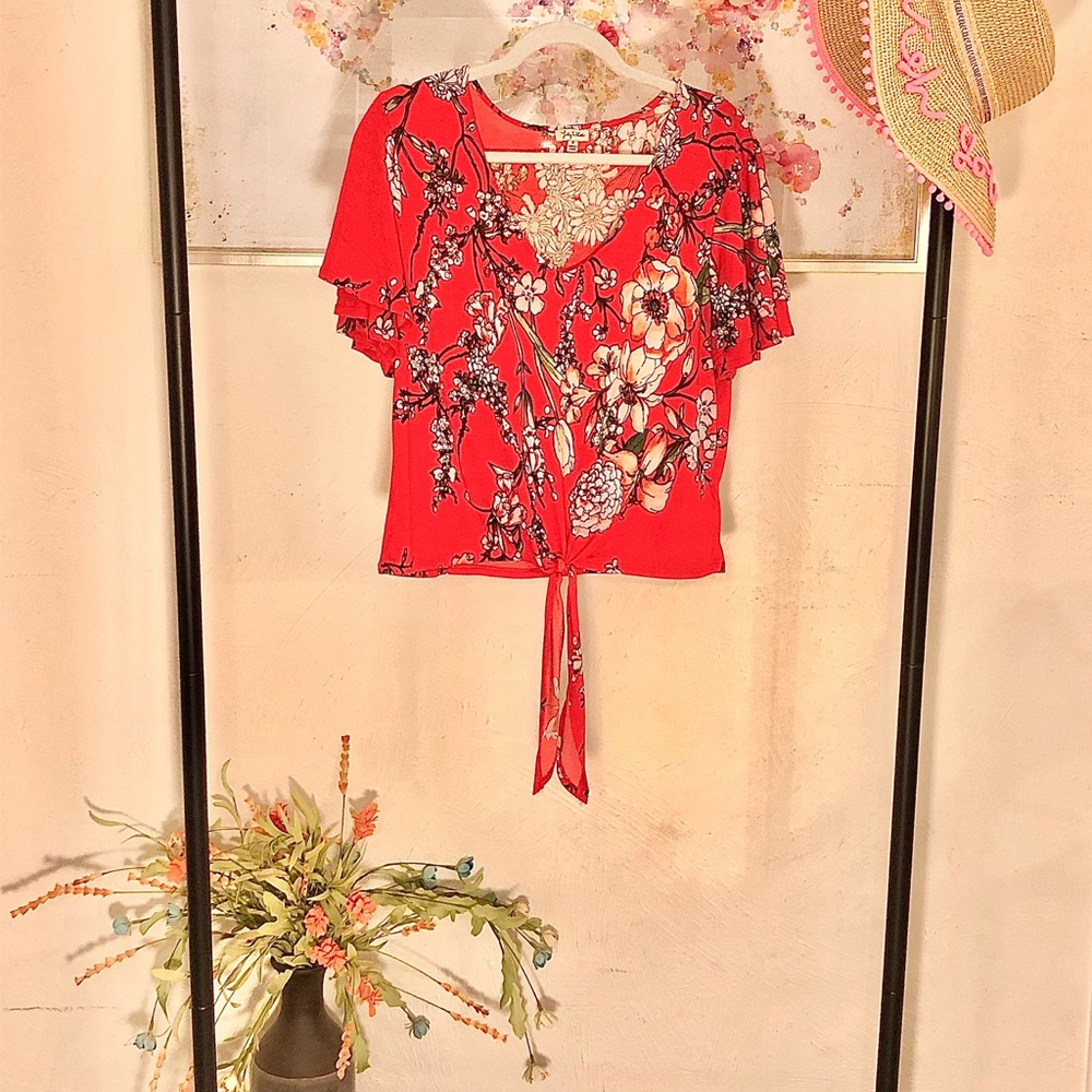 Floral Flutter Sleeve Tie Front Top